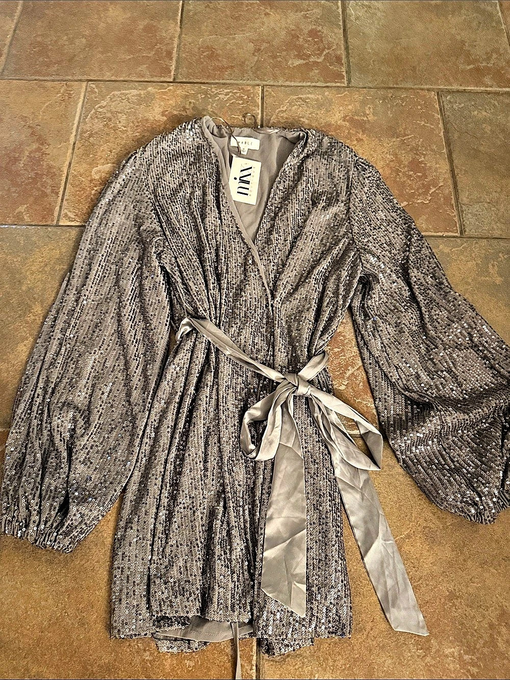Mable Sequin Tie-Waist mini dress in Gray Size Medium NWT